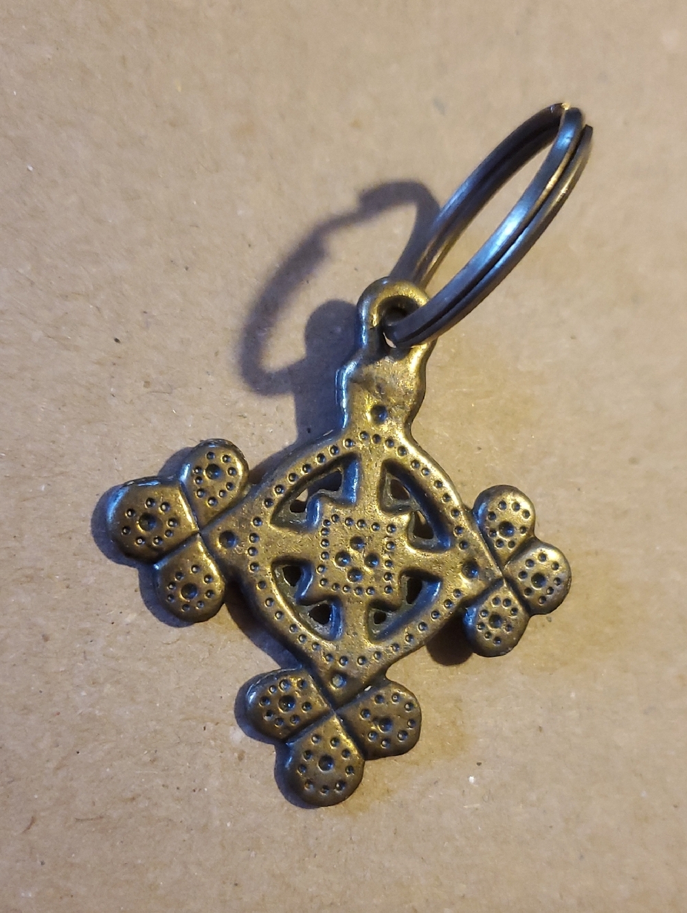 Brass-Tone Ornate Ethiopian Cross Pendant Charm Keyring - Antique Finish